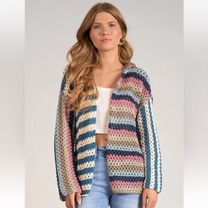 Elan Nara Crochet Blue Pink Multicolor Sweater Cardigan NWT